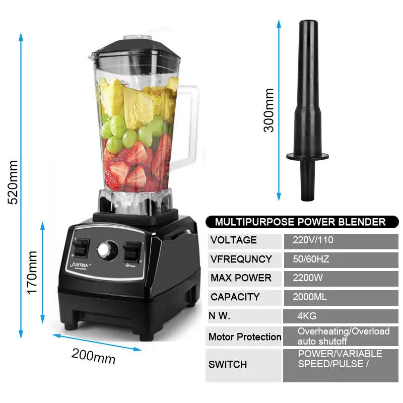 Black or red high-speed 2200W blender with 2L jug for juicing, ice crushing, and food preparation.