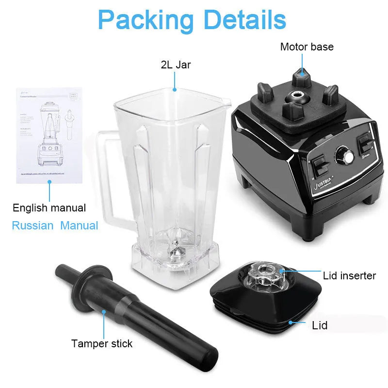 Black or red high-speed 2200W blender with 2L jug for juicing, ice crushing, and food preparation.