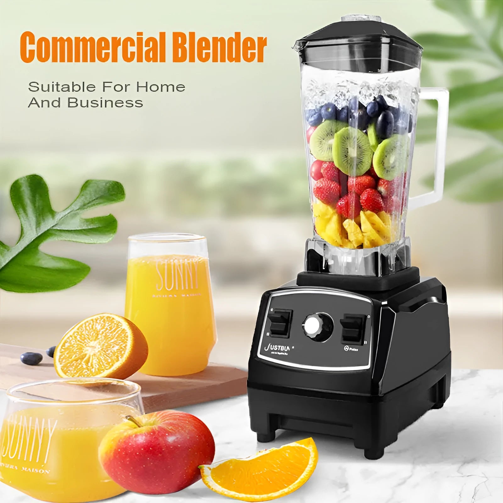Black or red high-speed 2200W blender with 2L jug for juicing, ice crushing, and food preparation.
