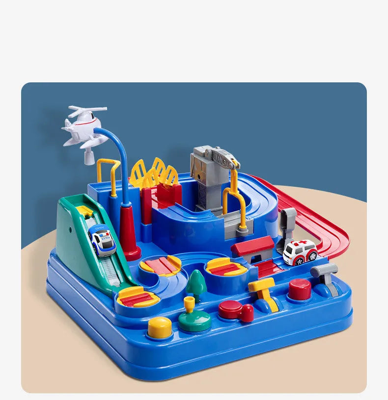 Children's parking lot car track toy with conveyor belt, crane, and toy vehicles including police car and ambulance