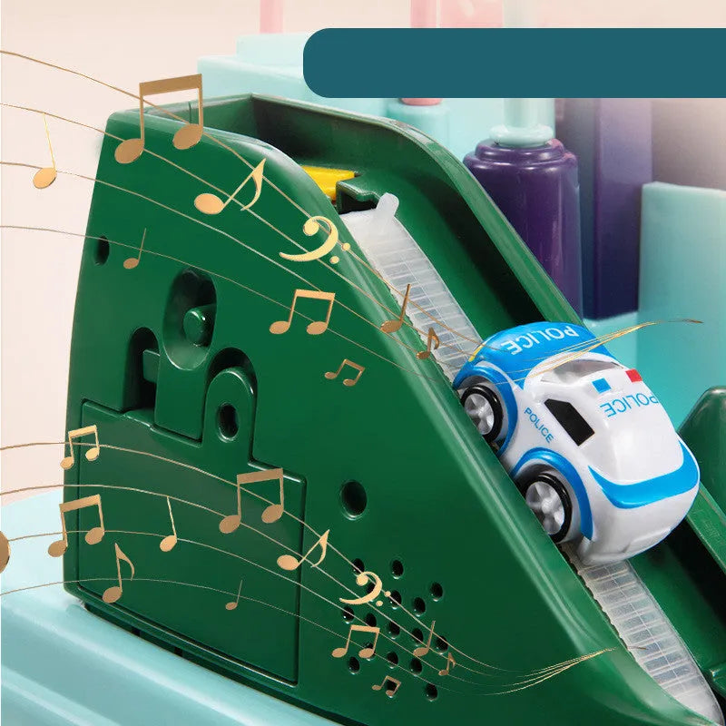 Children's parking lot car track toy with conveyor belt, crane, and toy vehicles including police car and ambulance