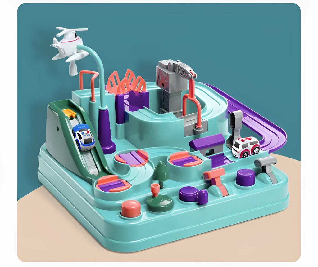 Children's parking lot car track toy with conveyor belt, crane, and toy vehicles including police car and ambulance