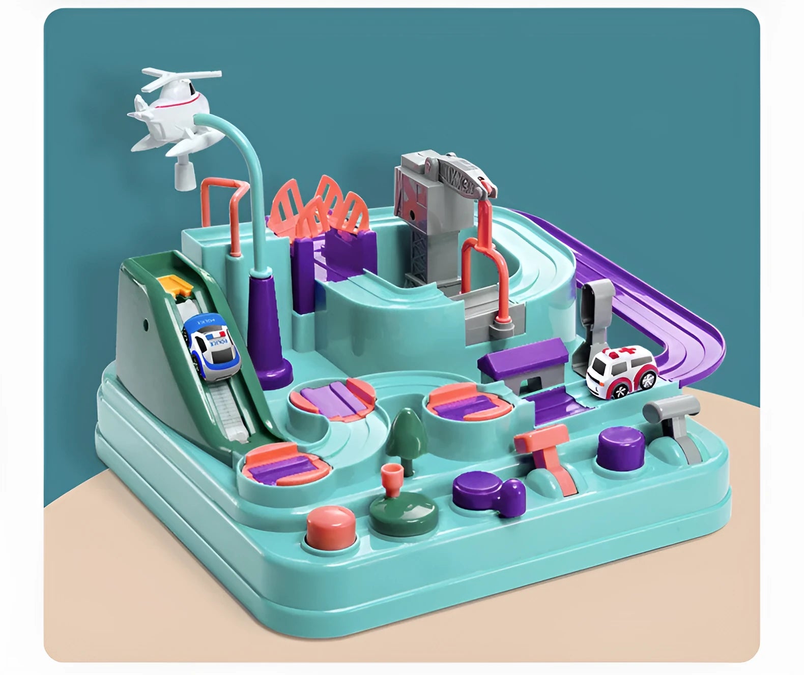 Children's parking lot car track toy with conveyor belt, crane, and toy vehicles including police car and ambulance