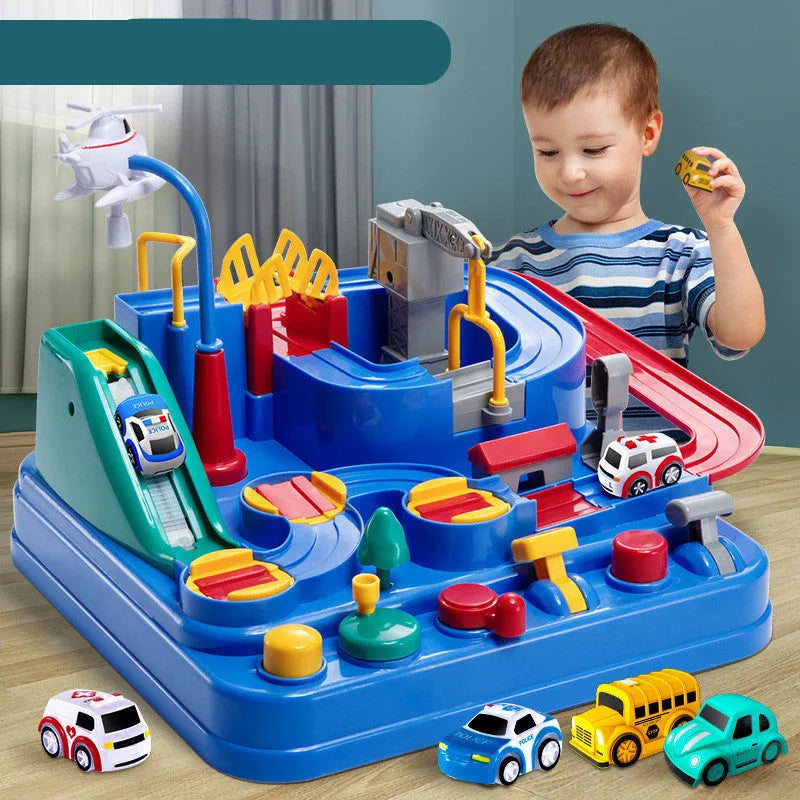 Children's parking lot car track toy with conveyor belt, crane, and toy vehicles including police car and ambulance