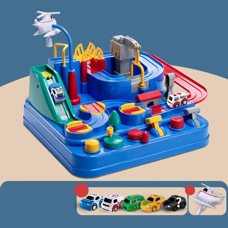 Children's parking lot car track toy with conveyor belt, crane, and toy vehicles including police car and ambulance