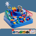 Children's parking lot car track toy with conveyor belt, crane, and toy vehicles including police car and ambulance
