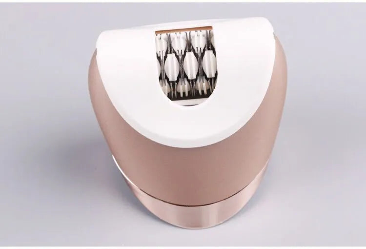 White ladies five-in-one rechargeable electric shaver and plucker for whole body hair removal, with ABS body