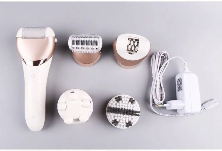 White ladies five-in-one rechargeable electric shaver and plucker for whole body hair removal, with ABS body