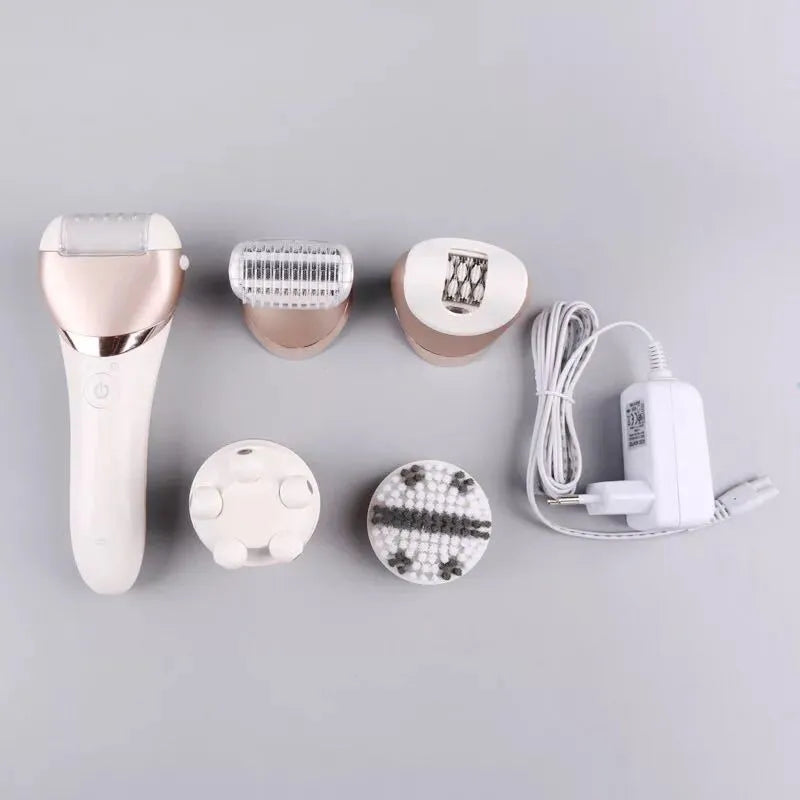 White ladies five-in-one rechargeable electric shaver and plucker for whole body hair removal, with ABS body