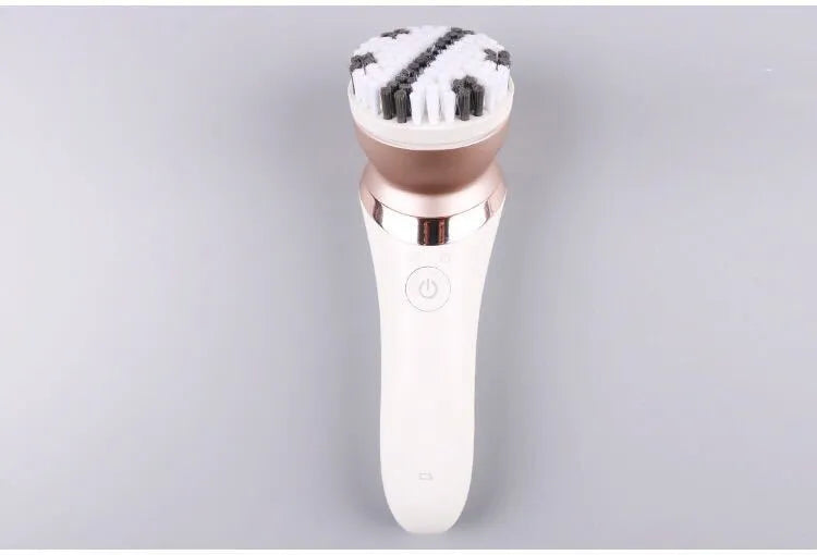 White ladies five-in-one rechargeable electric shaver and plucker for whole body hair removal, with ABS body