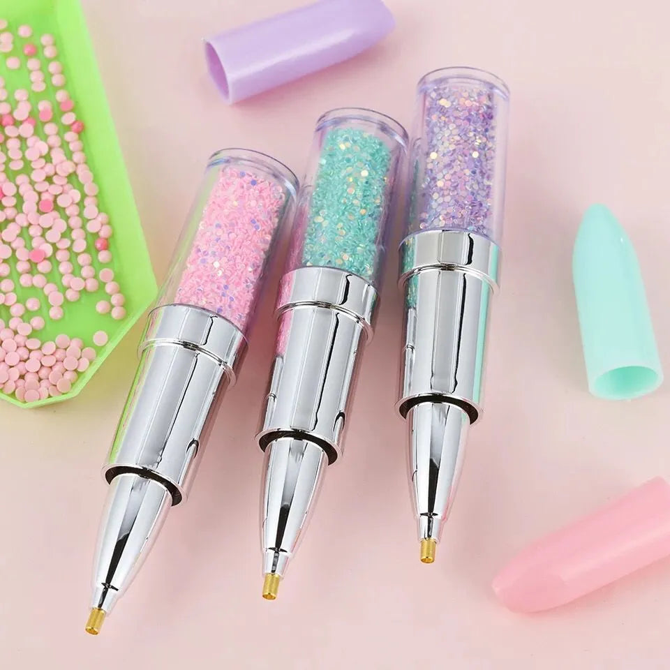 Plastic diamond painting point drill pen in green, pink and purple colours for manual craft use