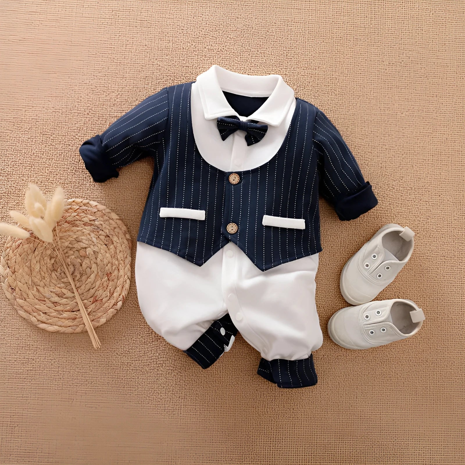 Baby boy wearing a navy blue long-sleeved cotton jumpsuit with gentleman styling.