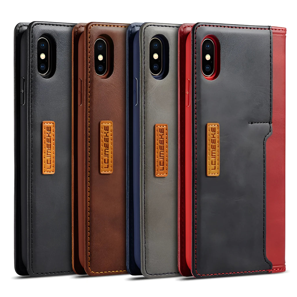 Retro black PU leather flip wallet case for iPhone showing card slots and phone protection.