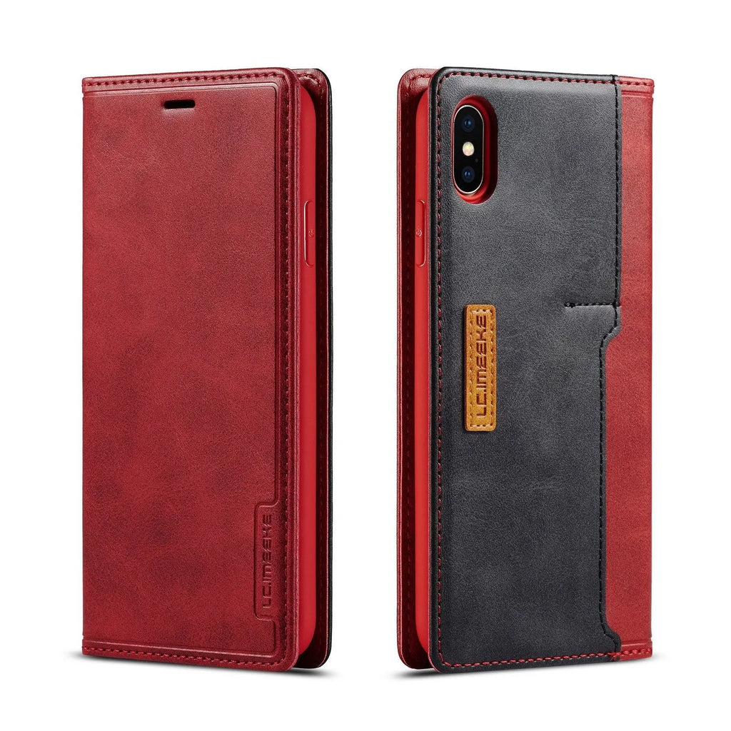 Retro black PU leather flip wallet case for iPhone showing card slots and phone protection.