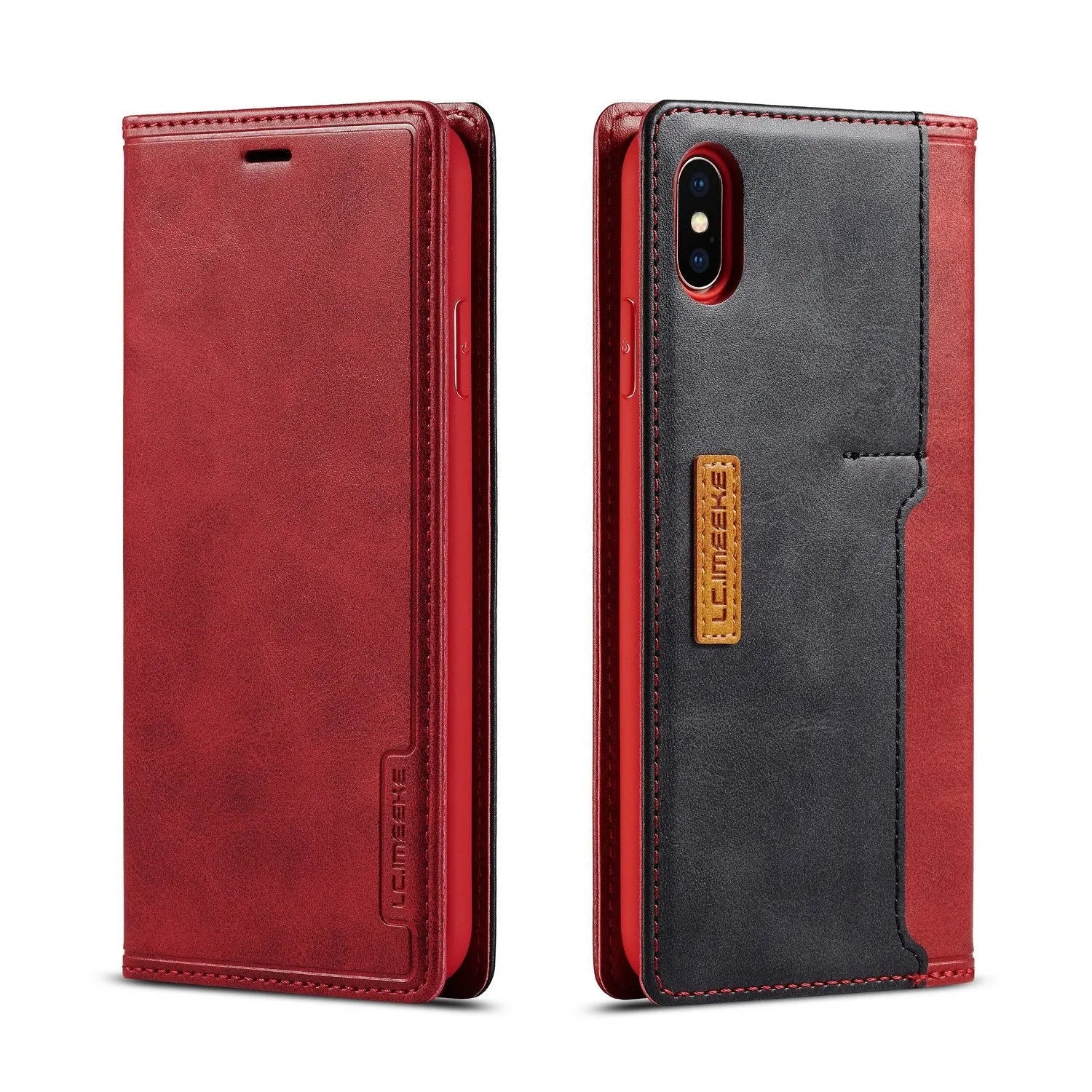 Retro black PU leather flip wallet case for iPhone showing card slots and phone protection.