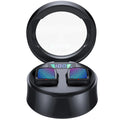 Black wireless Bluetooth TWS sport earphones with silicone eartips and a charging case on a white background.