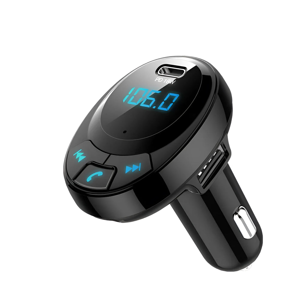 Black car Bluetooth MP3 transmitter with digital display and dual USB ports for in-car charging