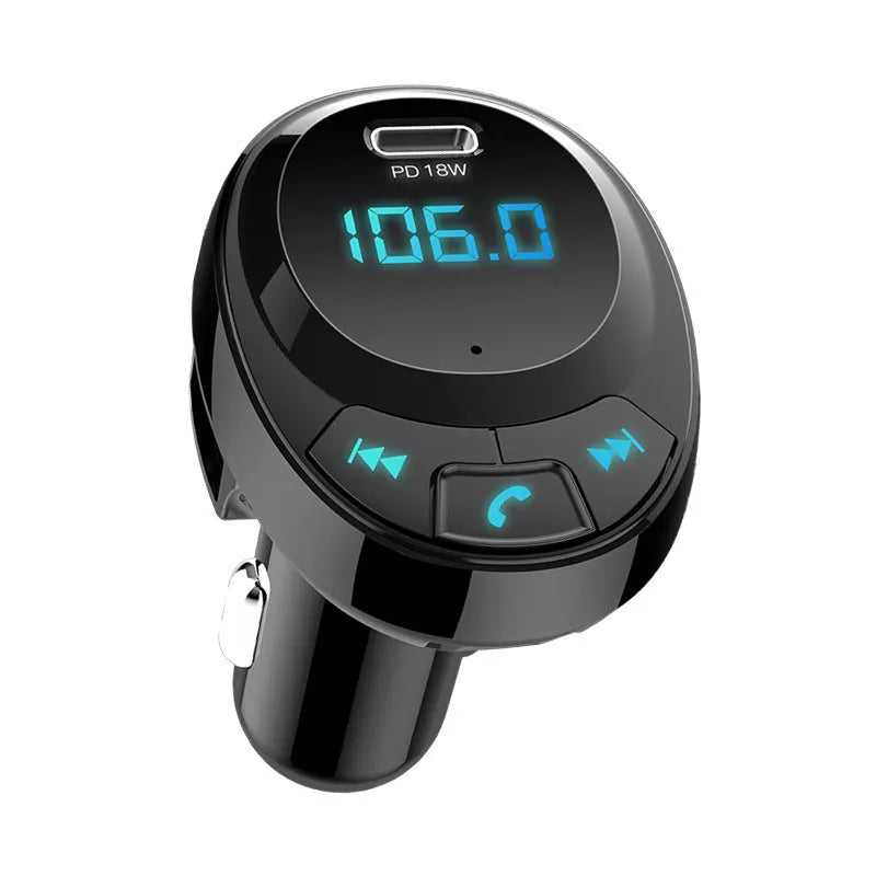 Black car Bluetooth MP3 transmitter with digital display and dual USB ports for in-car charging