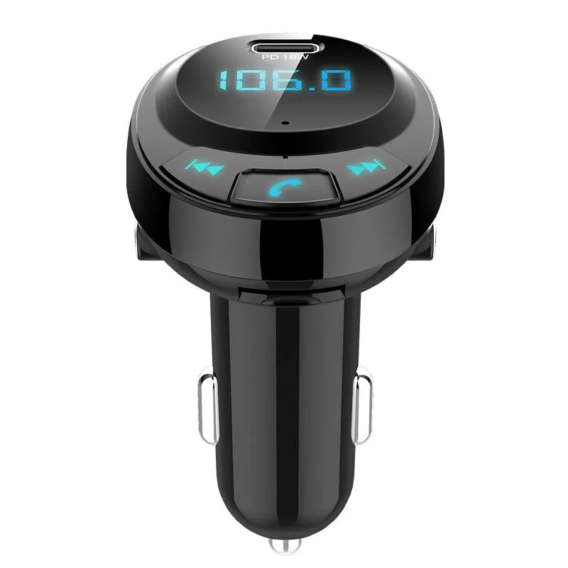 Black car Bluetooth MP3 transmitter with digital display and dual USB ports for in-car charging