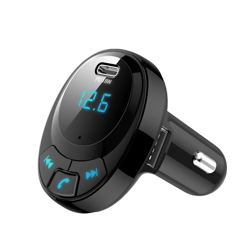 Black car Bluetooth MP3 transmitter with digital display and dual USB ports for in-car charging