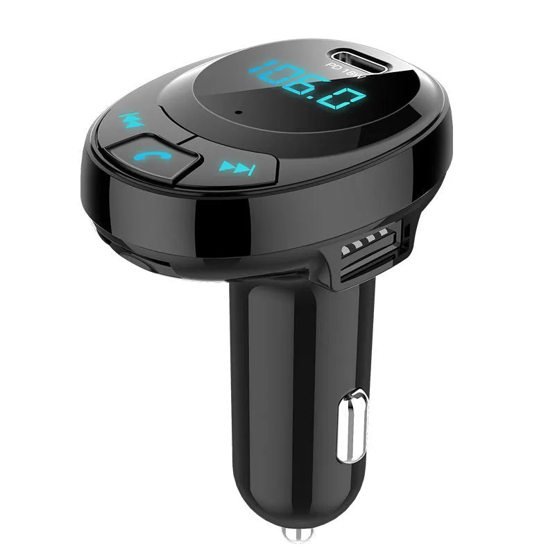Black car Bluetooth MP3 transmitter with digital display and dual USB ports for in-car charging