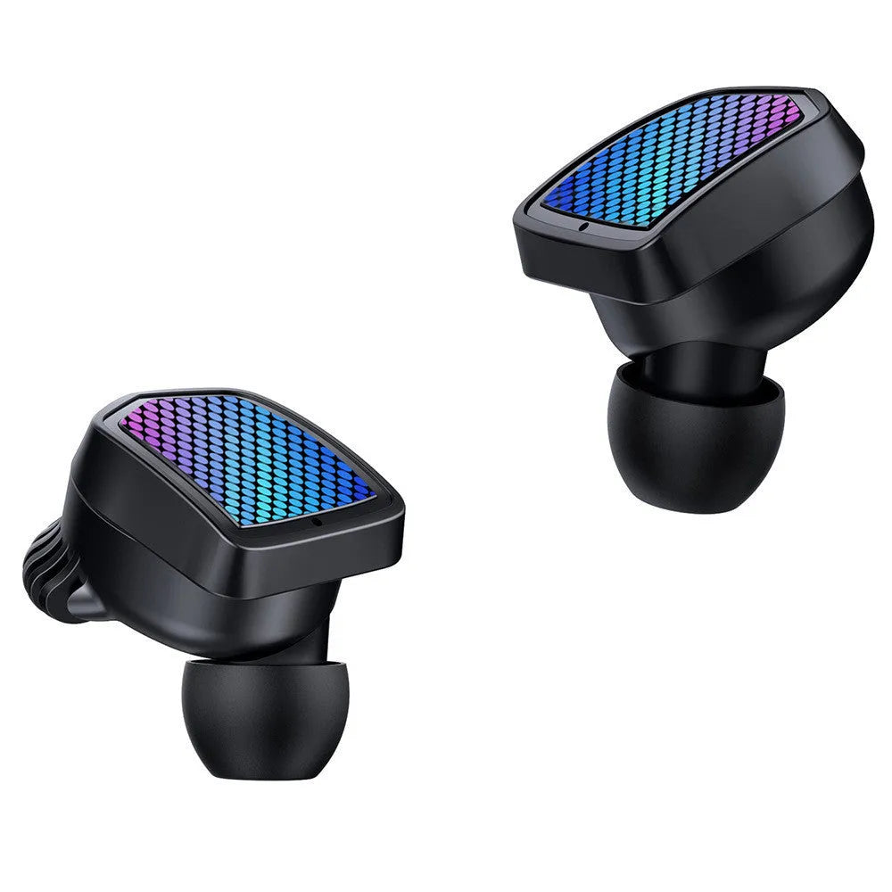 Black wireless Bluetooth TWS sport earphones with silicone eartips and a charging case on a white background.