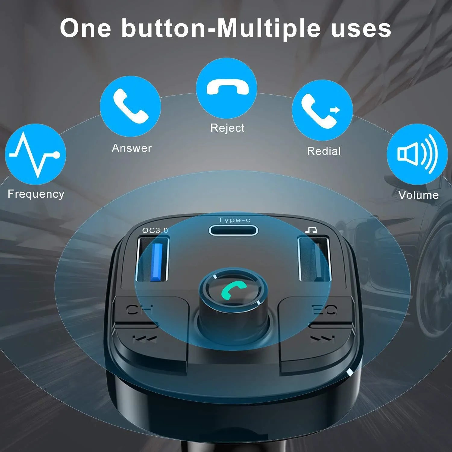 Black car MP3 Bluetooth player charger with monochrome screen and USB port on ABS body