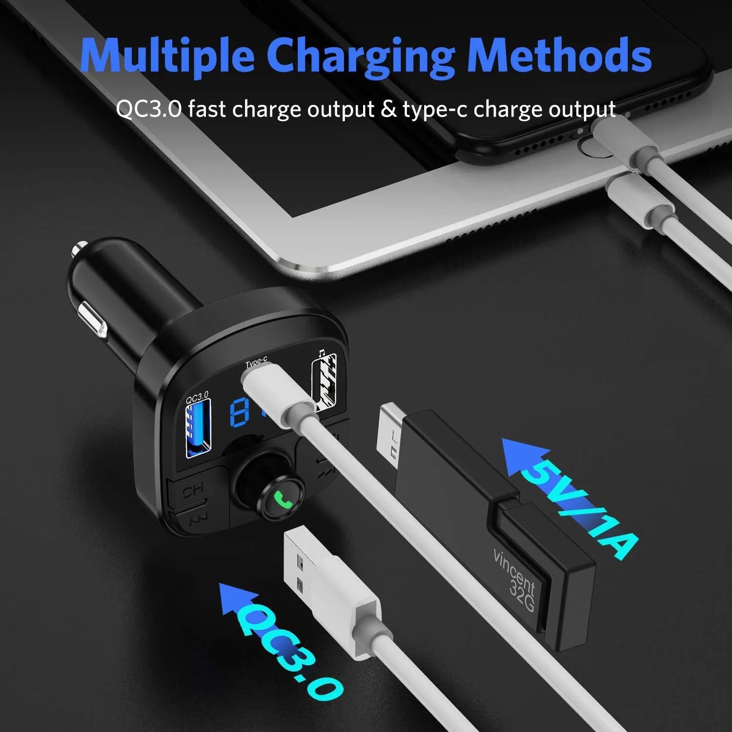 Black car MP3 Bluetooth player charger with monochrome screen and USB port on ABS body