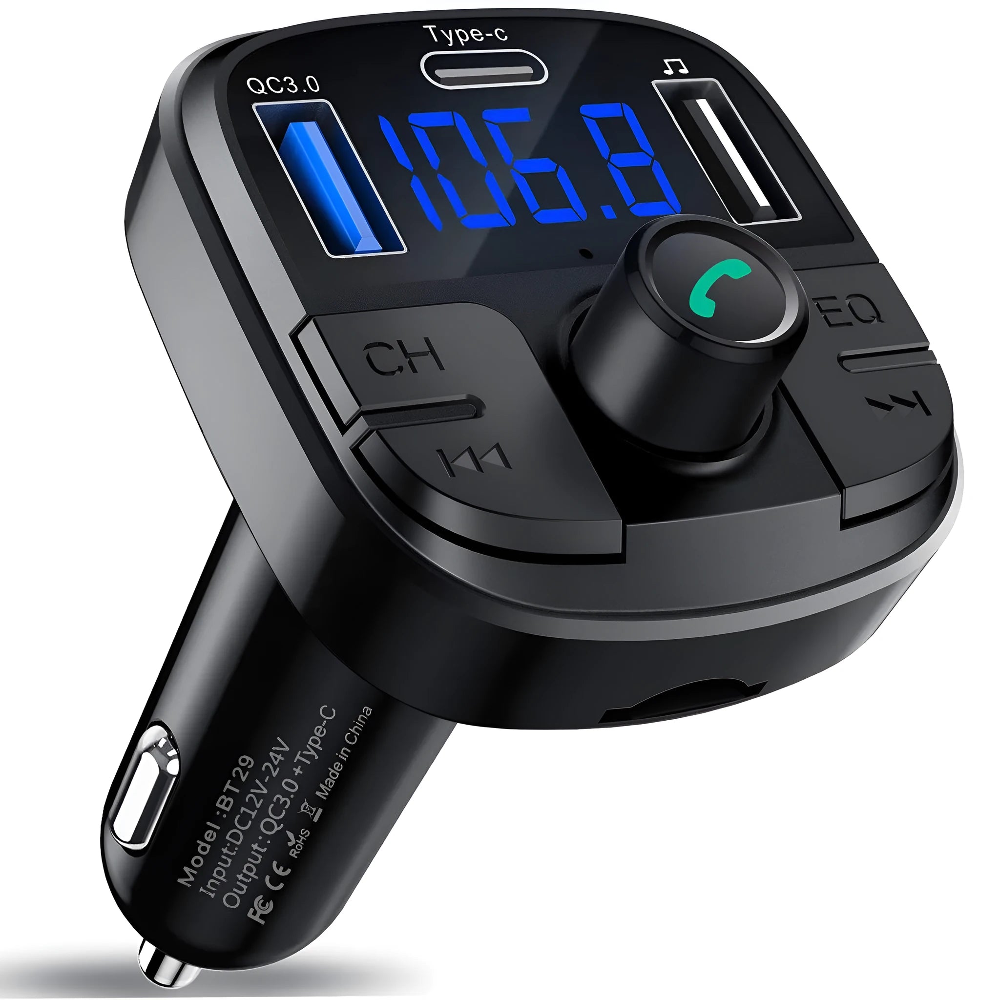 Black car MP3 Bluetooth player charger with monochrome screen and USB port on ABS body
