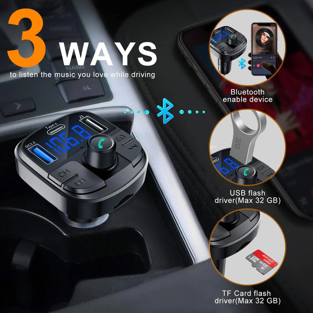 Black car MP3 Bluetooth player charger with monochrome screen and USB port on ABS body