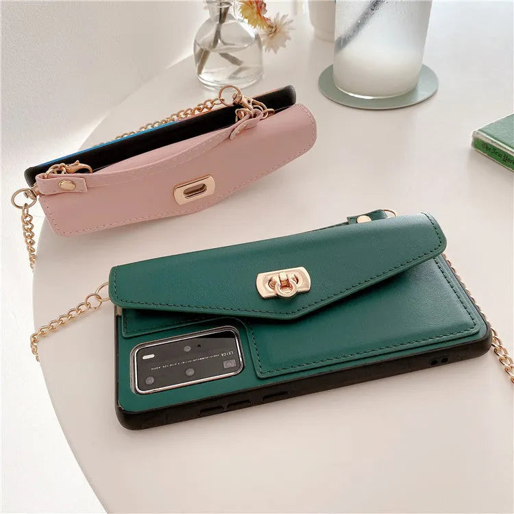 Leather pattern Huawei phone case with diagonal gold chain in pink, black, green, or grey colours