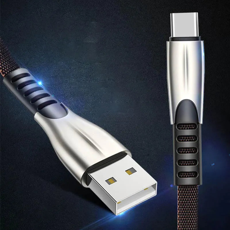 Android fast charging cable with flashing light indicator in black, blue, or red colours