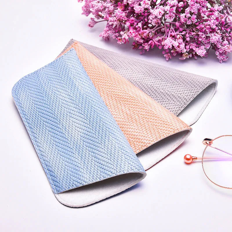 Portable PP grass glasses bag in blue, pink, and purple colours, closed design for storing glasses and sunglasses