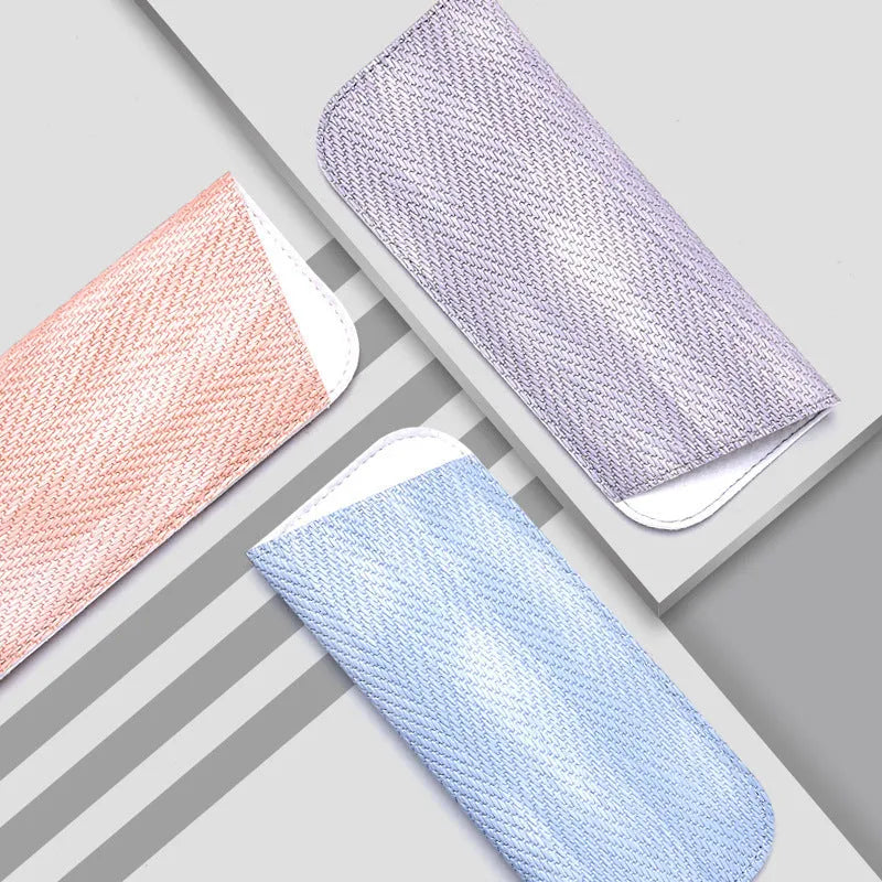 Portable PP grass glasses bag in blue, pink, and purple colours, closed design for storing glasses and sunglasses