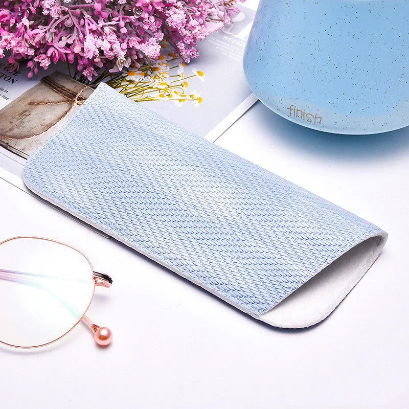 Portable PP grass glasses bag in blue, pink, and purple colours, closed design for storing glasses and sunglasses