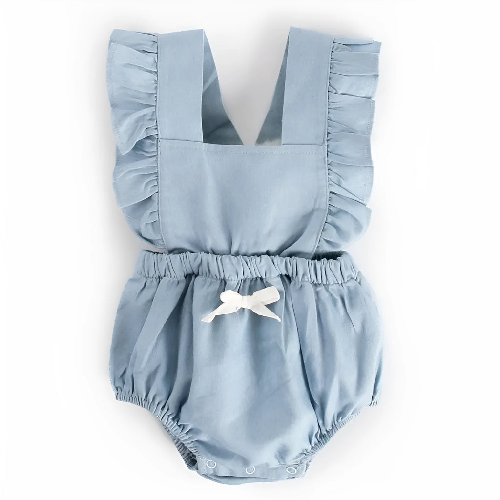 Blue denim lace baby bodysuit romper with sleeveless design and princess style
