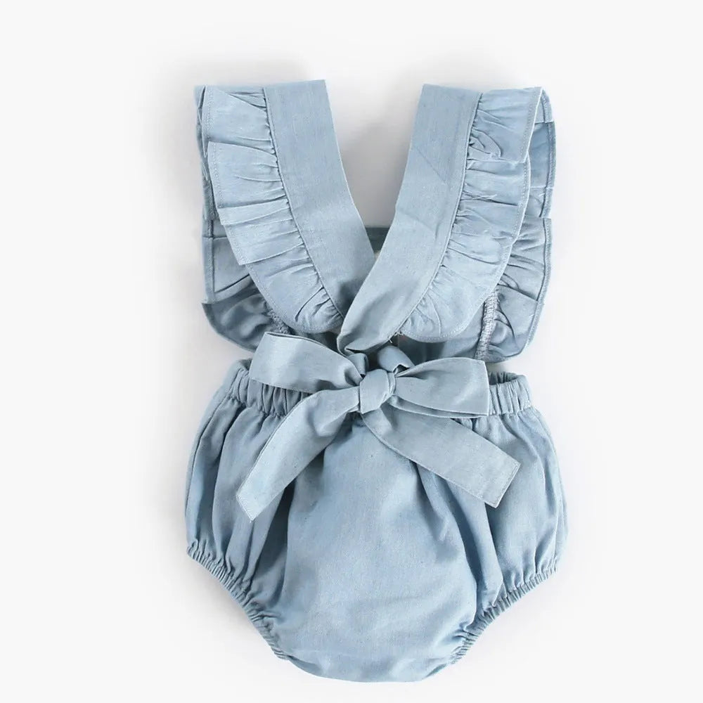 Blue denim lace baby bodysuit romper with sleeveless design and princess style