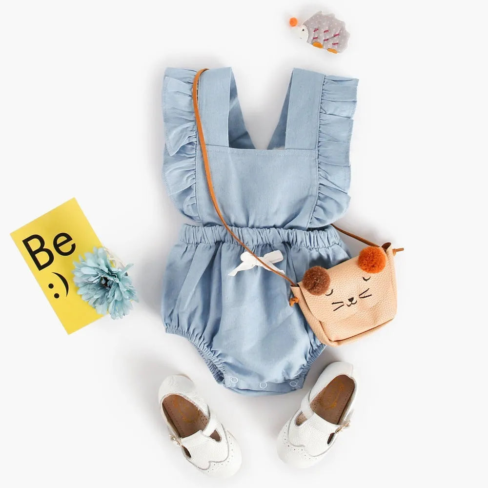 Blue denim lace baby bodysuit romper with sleeveless design and princess style
