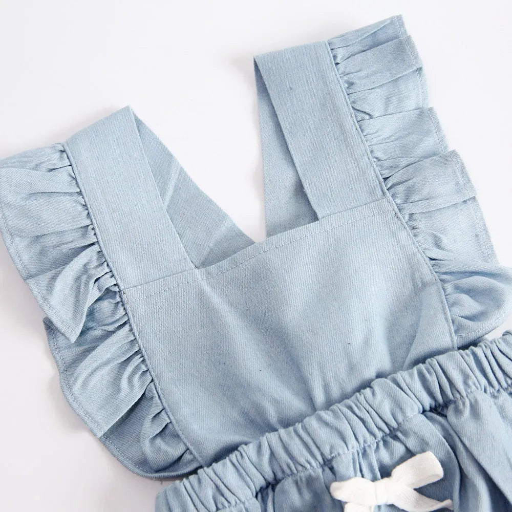 Blue denim lace baby bodysuit romper with sleeveless design and princess style