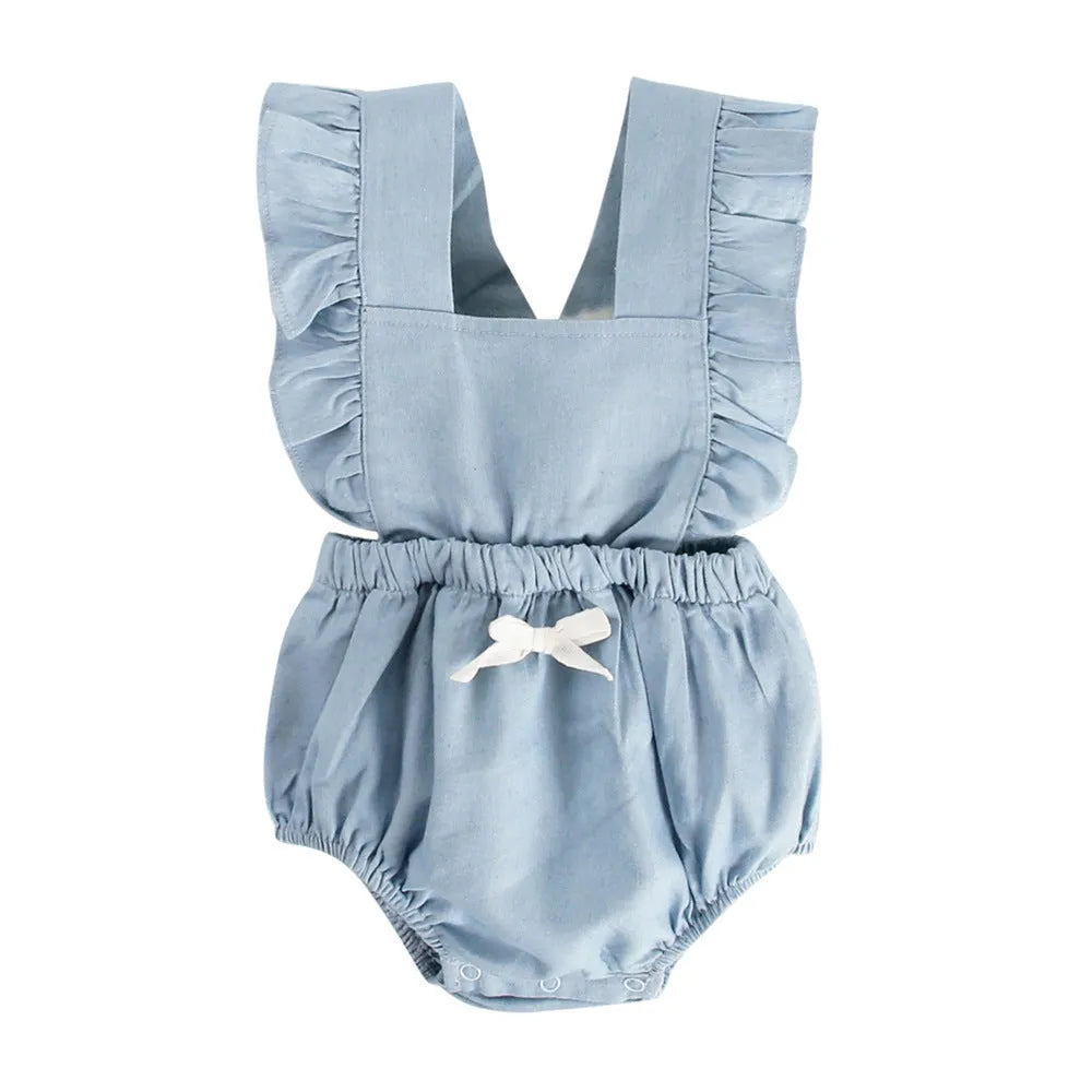 Blue denim lace baby bodysuit romper with sleeveless design and princess style