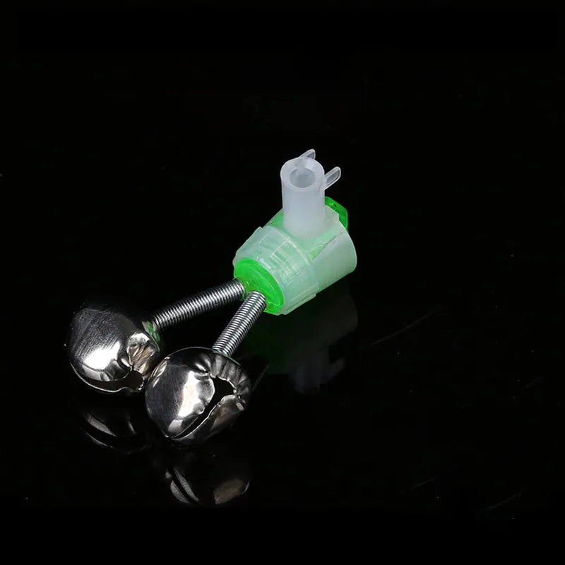 Set of 10 ABS and metal fishing rod alert bells with a multi-function jack for bite detection.