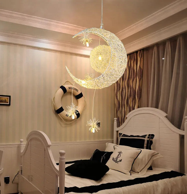 Adjustable aluminium wire star moon chandelier with zinc alloy and iron frame, showing warm light illumination.