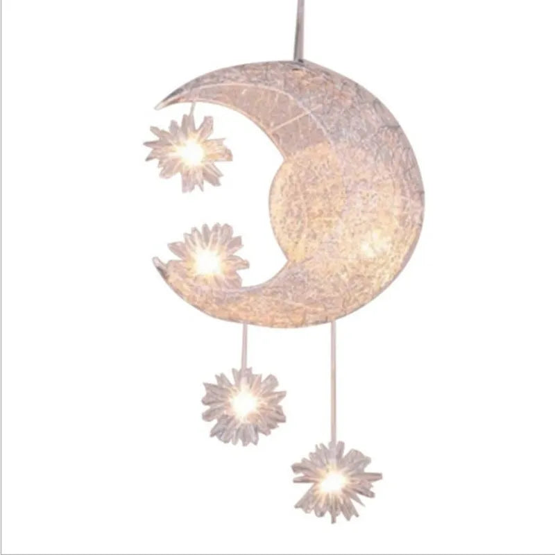 Adjustable aluminium wire star moon chandelier with zinc alloy and iron frame, showing warm light illumination.