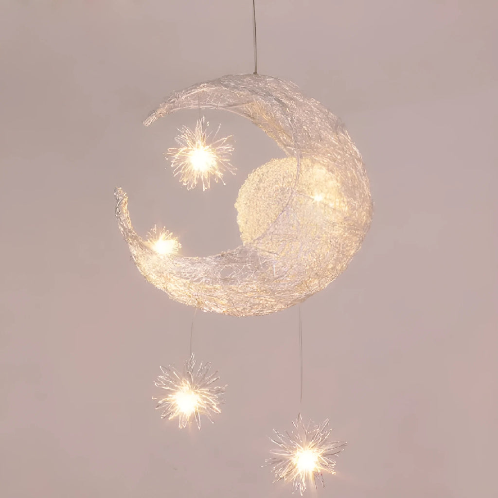 Adjustable aluminium wire star moon chandelier with zinc alloy and iron frame, showing warm light illumination.