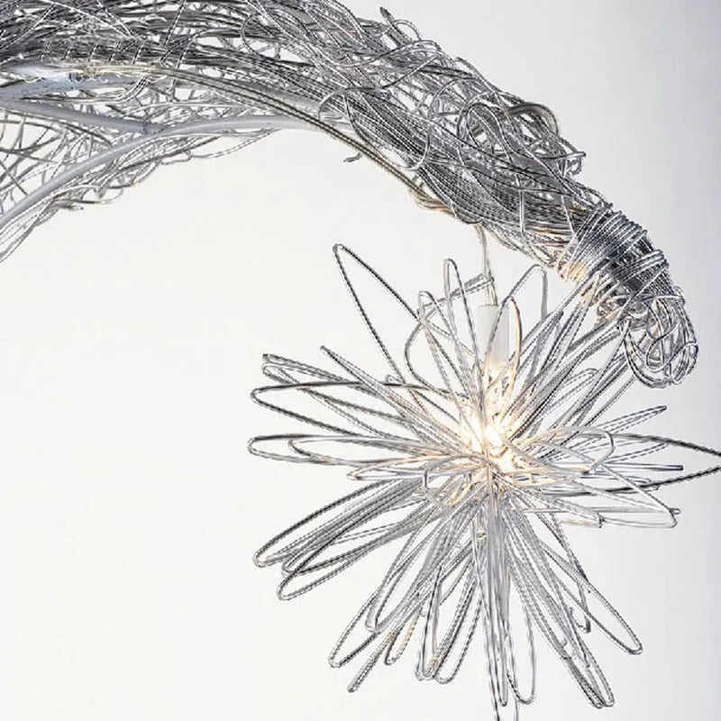 Adjustable aluminium wire star moon chandelier with zinc alloy and iron frame, showing warm light illumination.