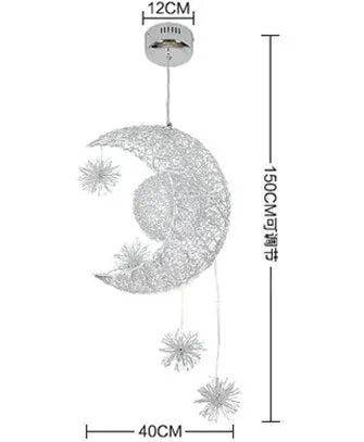 Adjustable aluminium wire star moon chandelier with zinc alloy and iron frame, showing warm light illumination.