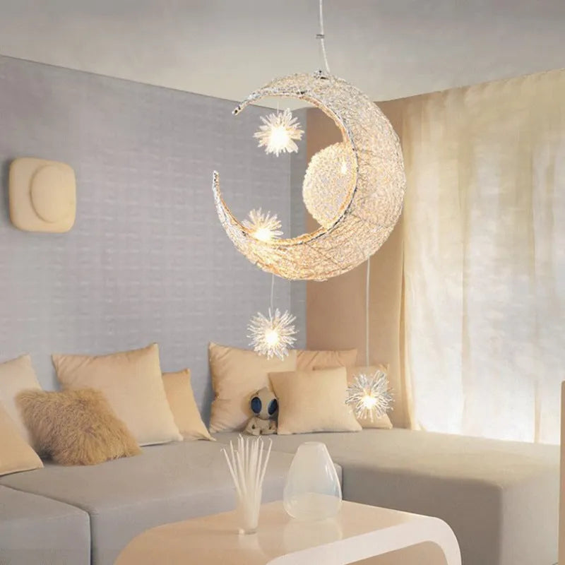 Adjustable aluminium wire star moon chandelier with zinc alloy and iron frame, showing warm light illumination.