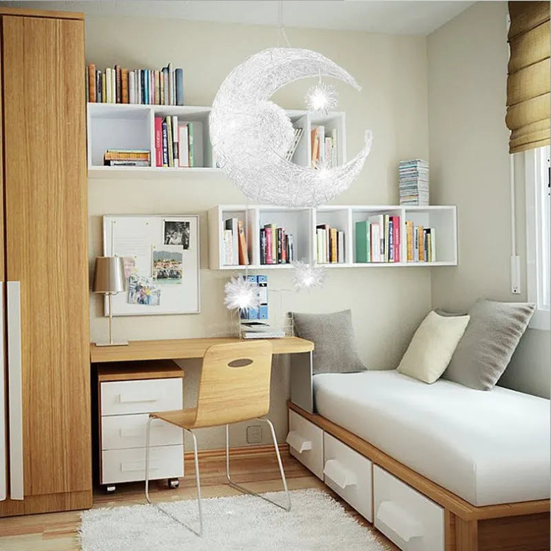 Adjustable aluminium wire star moon chandelier with zinc alloy and iron frame, showing warm light illumination.