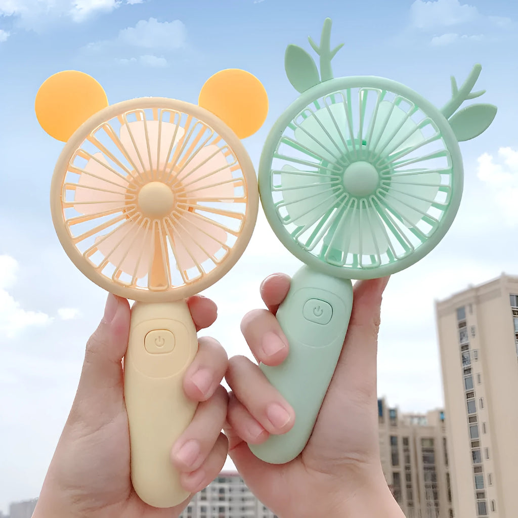 Blue cartoon style handheld mini USB charging fan for students.