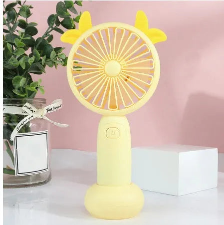 Blue cartoon style handheld mini USB charging fan for students.